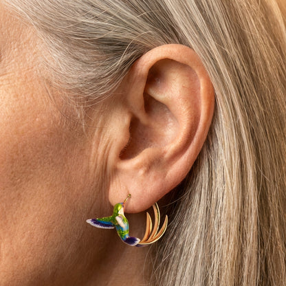 Vintage Enamel Hummingbird Hoop Earrings