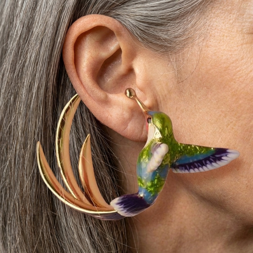 Vintage Enamel Hummingbird Hoop Earrings