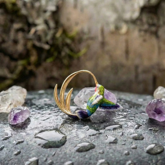 Vintage Enamel Hummingbird Hoop Earrings