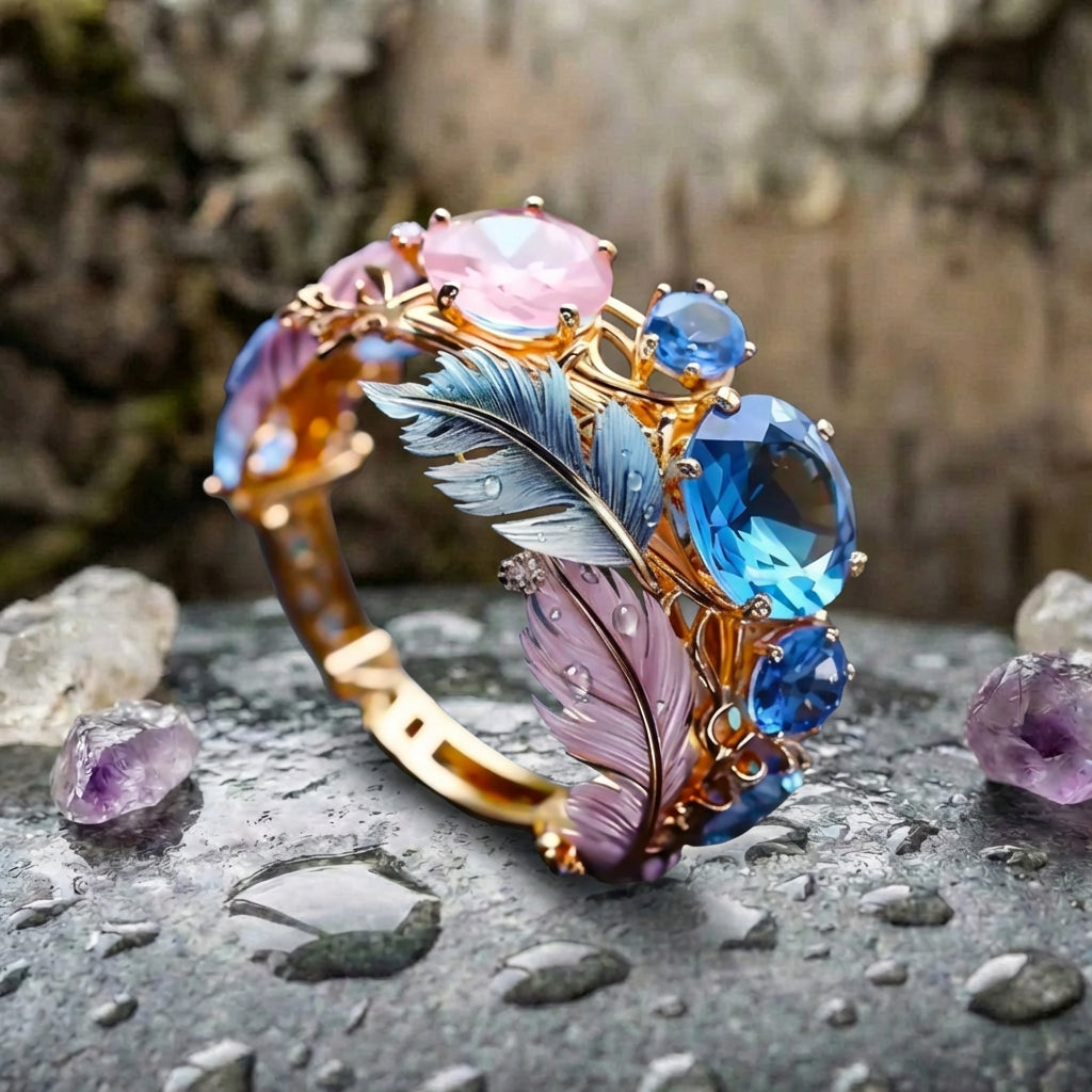 Vintage Exotic Feather Crystal Ring