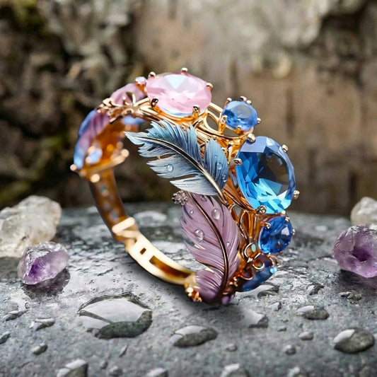 Vintage Exotic Feather Crystal Ring