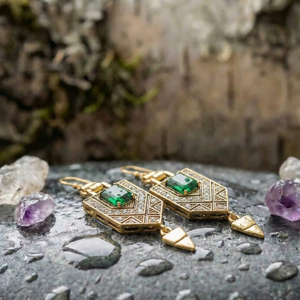 Vintage Gold & Green Geometric Earrings