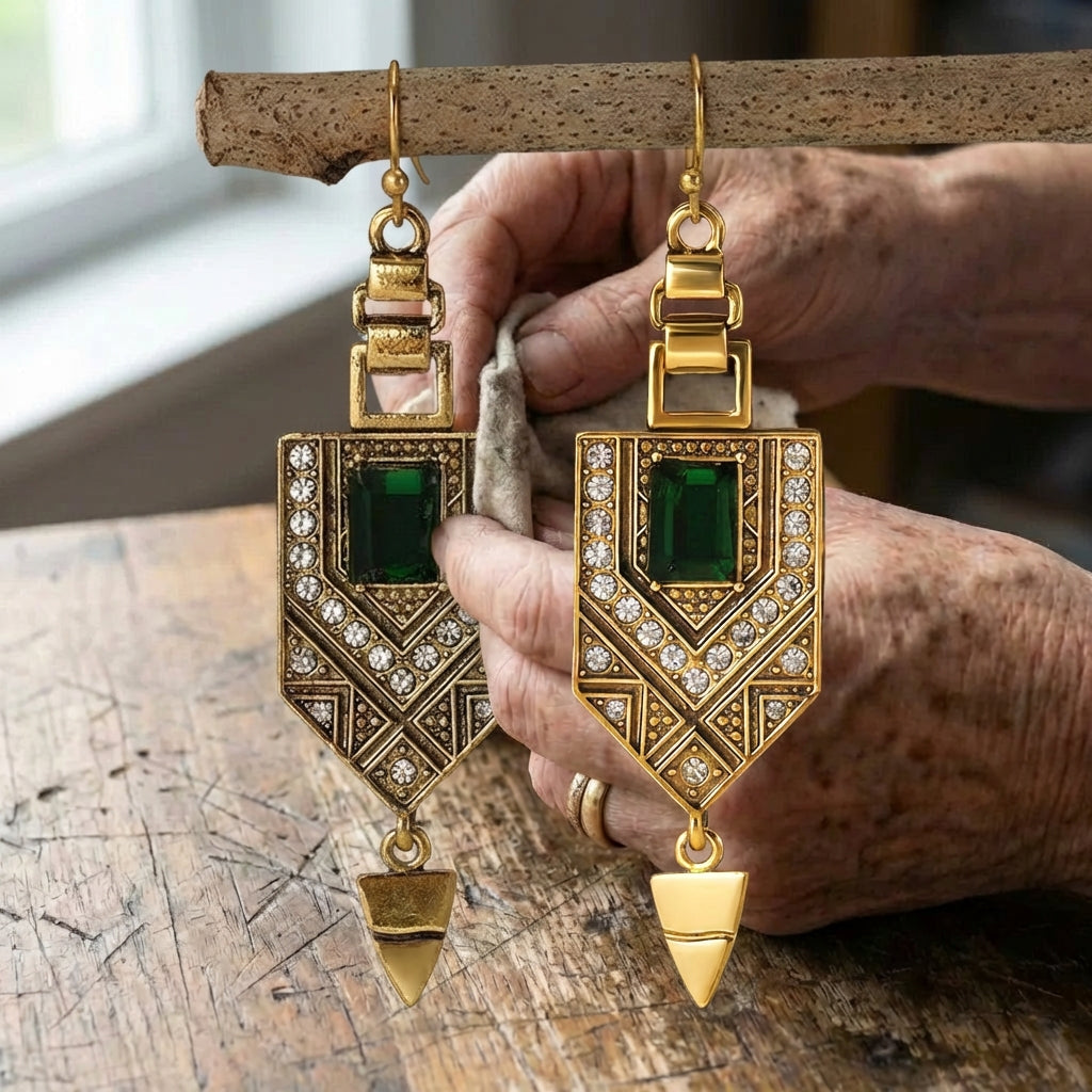 Vintage Gold & Green Geometric Earrings