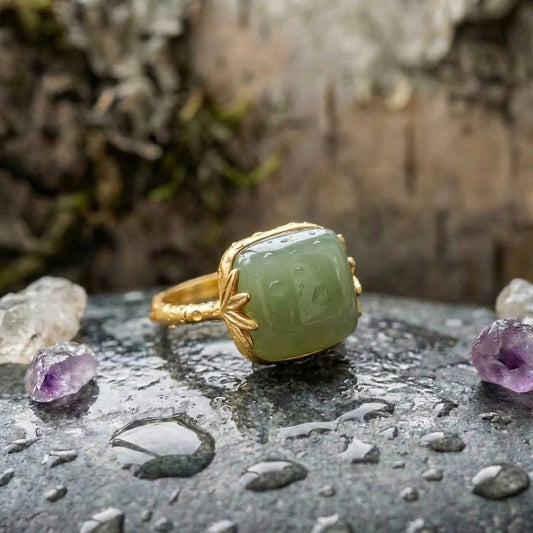 Vintage Gold Green Jade Adjustable Ring