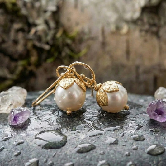 Vintage Gold Leaf Pearl Earrings