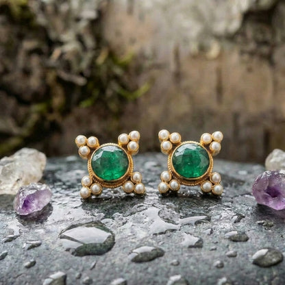 Vintage Green Crystal & Pearls Earrings