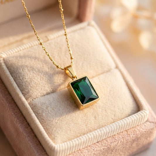 Vintage Green Cubic Zirconic Square Necklace