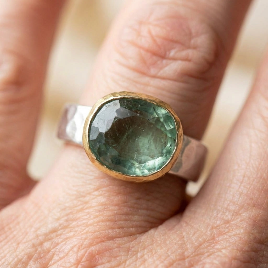 Vintage Green Glass Gold & Silver Forged Ring
