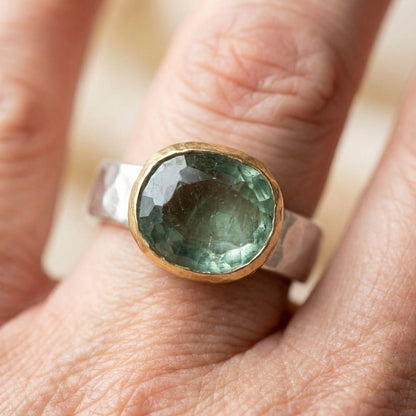Vintage Green Glass Gold & Silver Forged Ring