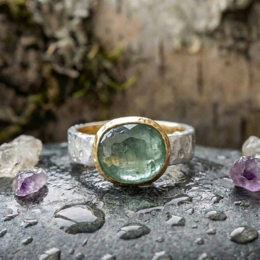 Vintage Green Glass Gold & Silver Forged Ring