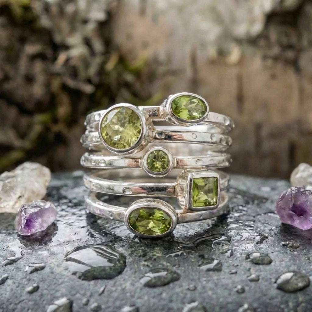 Vintage Green Glass Layered Silver Ring