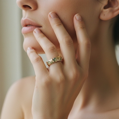 Vintage Green Golden Forged Ring