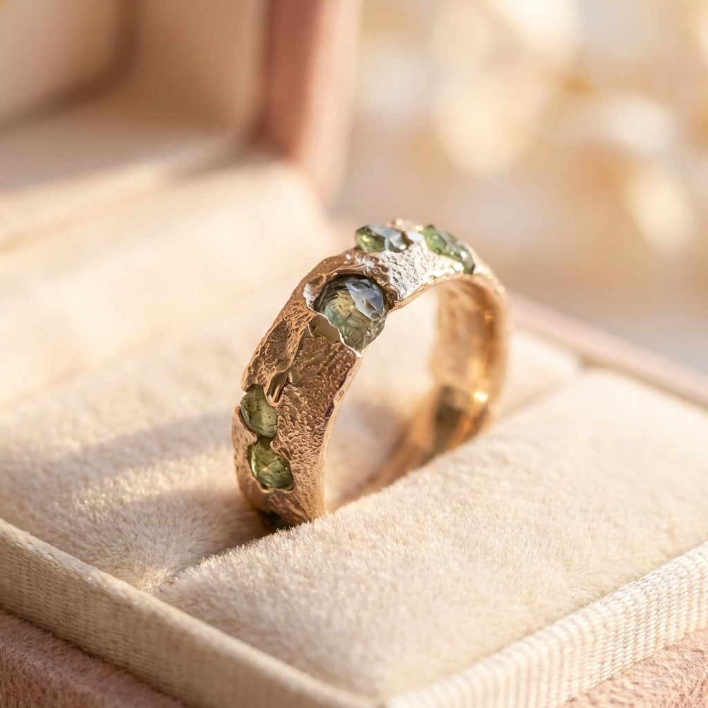 Vintage Green Golden Forged Ring