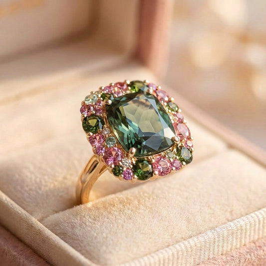 Vintage Green & Pink Crystal Ring