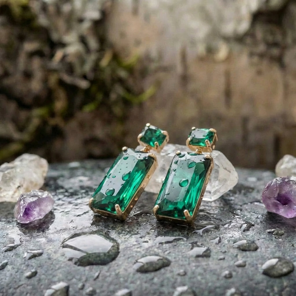 Vintage Green Rectangle Crystal Earrings