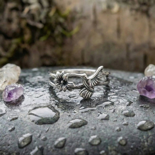 Vintage Hummingbird Flower Silver Ring