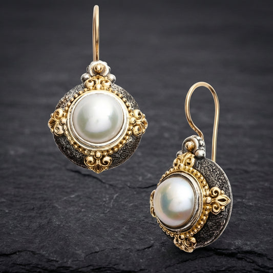 Vintage Inlaid Golden Pearl Earrings