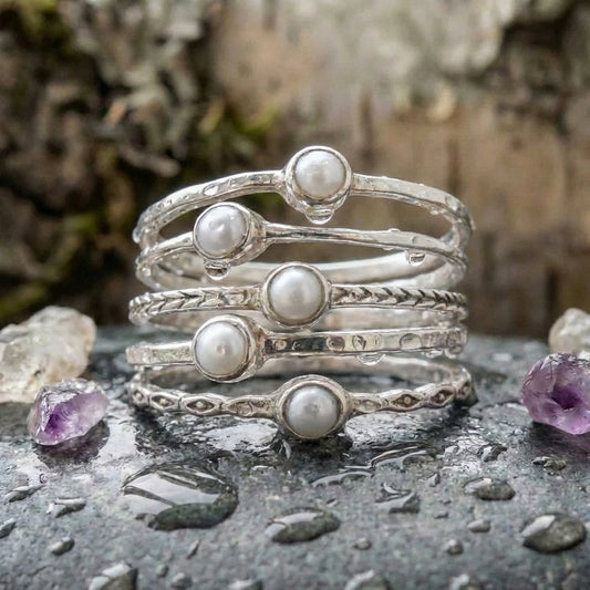 Vintage Inlaid Pearls Layered Silver Ring