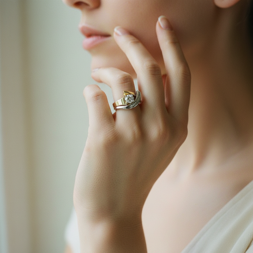 Vintage Irregular Gold   Silver Zirconia Ring