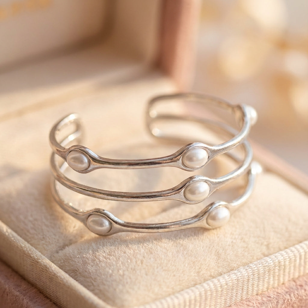 Vintage Layered Silver Pearl Bangle Bracelet