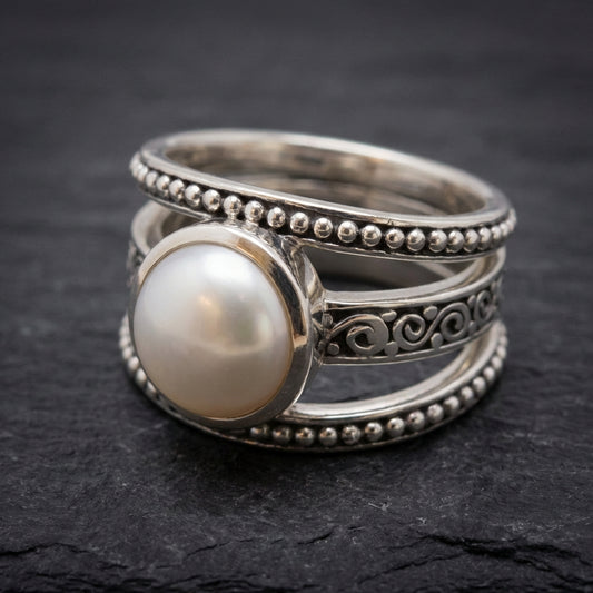 Vintage Layered Silver Pearl Ring