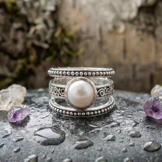 Vintage Layered Silver Pearl Ring