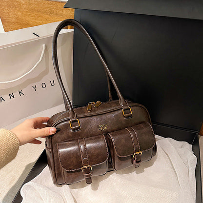 Vintage Leather Boston Bag – Dual Buckle Pocket Top Handle Shoulder