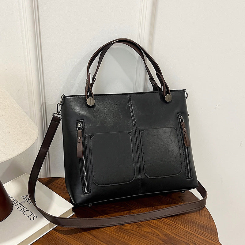 Vintage Leather Convertible Handbag – Dual Side Zip Pocket Top Handle Crossbody Tote