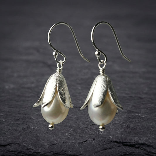 Vintage Lotus Pearl Silver Earrings