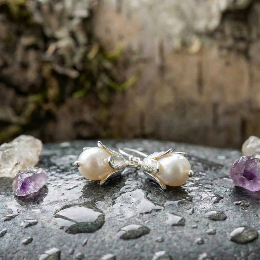 Vintage Lotus Pearl Silver Earrings