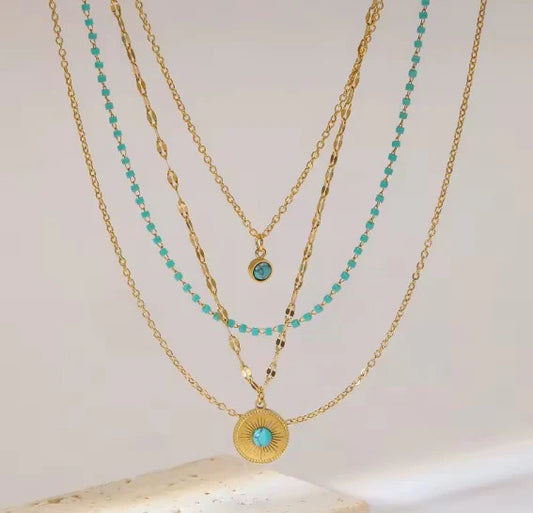 Vintage Multilayer Green Stone Pendant Necklace