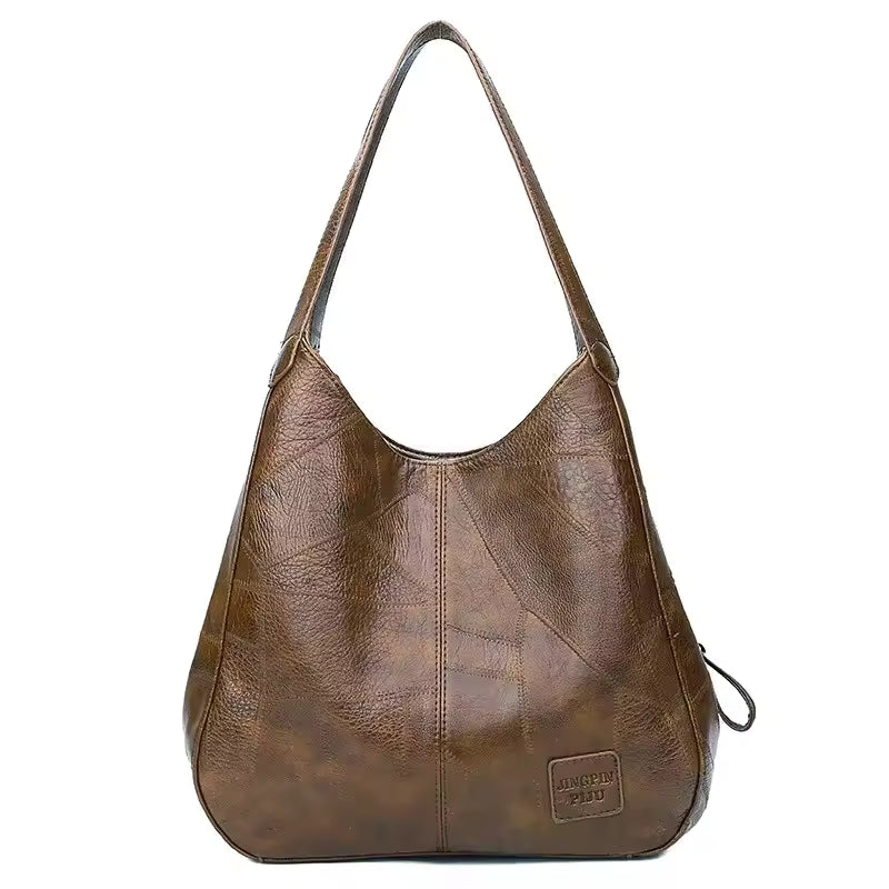 Vintage Patchwork Leather Hobo Shoulder Bag – Large Distressed Boho Tote
