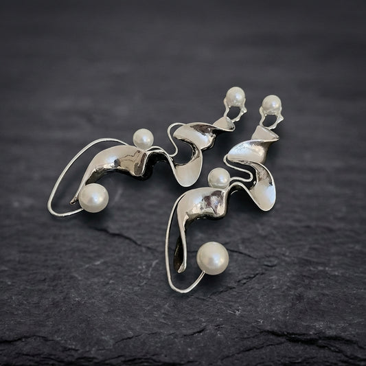 Vintage Pearl Abstract Silver Earrings