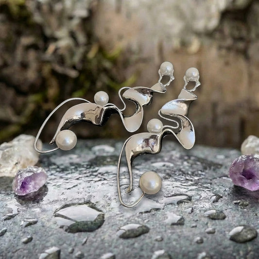 Vintage Pearl Abstract Silver Earrings