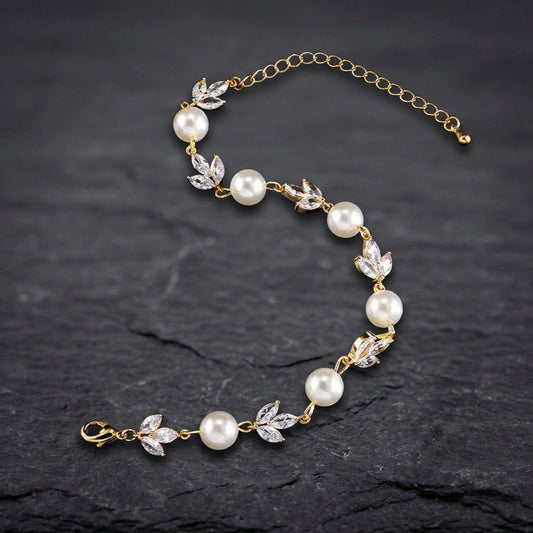 Vintage Pearl & Leaf Gold Bracelet