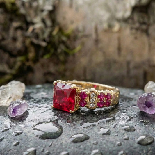 Vintage Red Crystal And Gold Ring