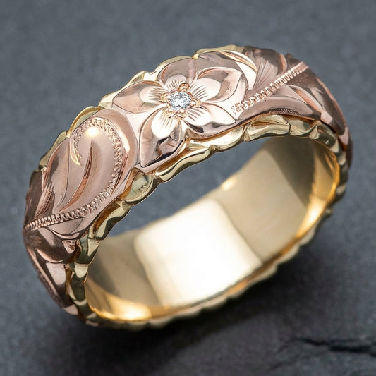 Vintage Rose Gold Flower Engraved Ring