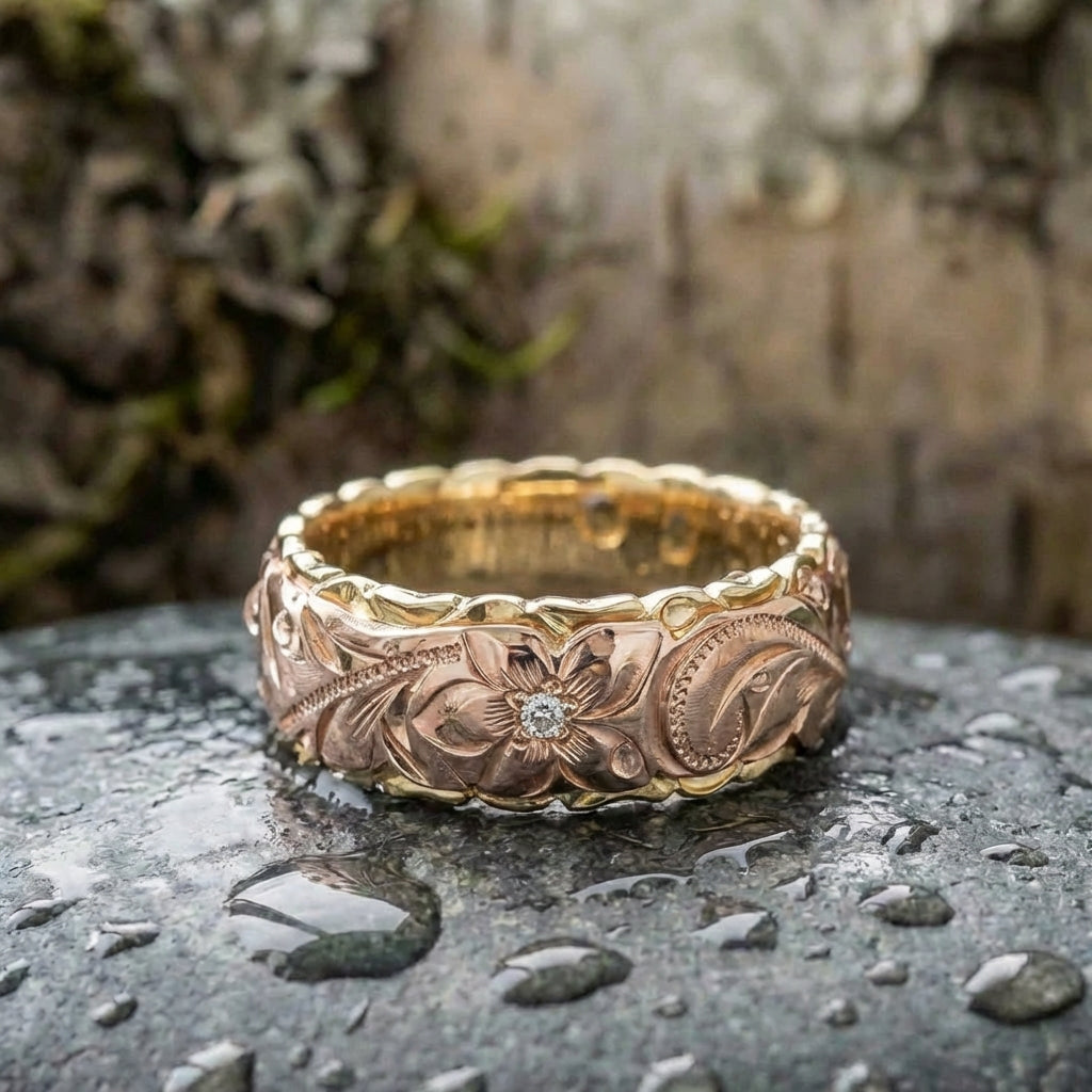 Vintage Rose Gold Flower Engraved Ring