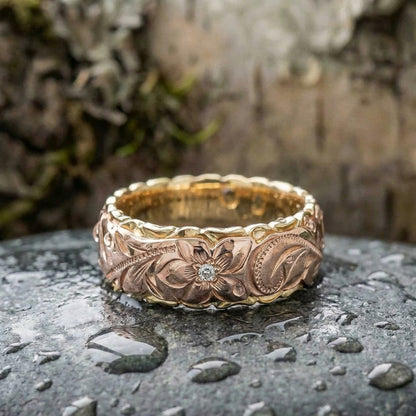 Vintage Rose Gold Flower Engraved Ring