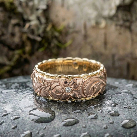 Vintage Rose Gold Flower Engraved Ring