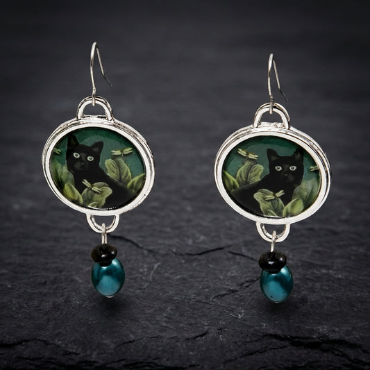 Vintage Round Black Cat Earrings