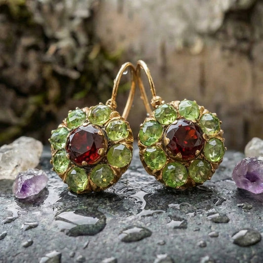 Vintage Rounded Green & Red Crystal Earrings