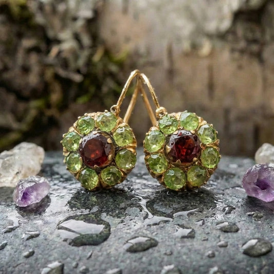Vintage Rounded Green & Red Crystal Earrings
