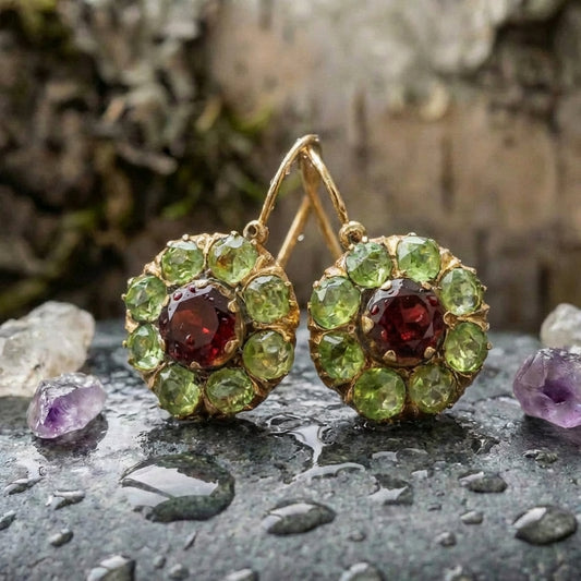 Vintage Rounded Green & Red Crystal Earrings