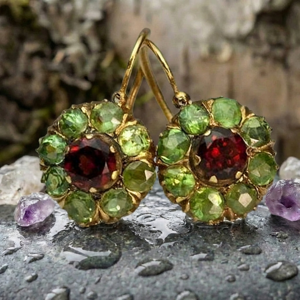 Vintage Rounded Green & Red Crystal Earrings