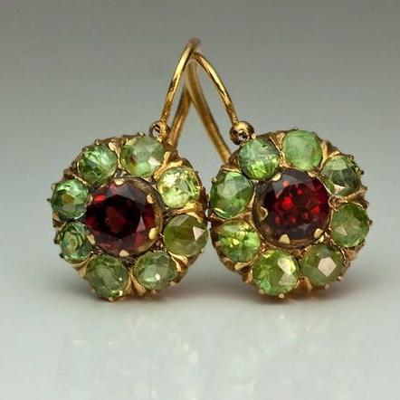 Vintage Rounded Green   Red Crystal Earrings
