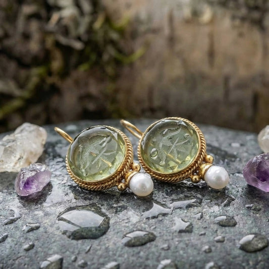 Vintage Rounded Green Stone Pearl Earrings