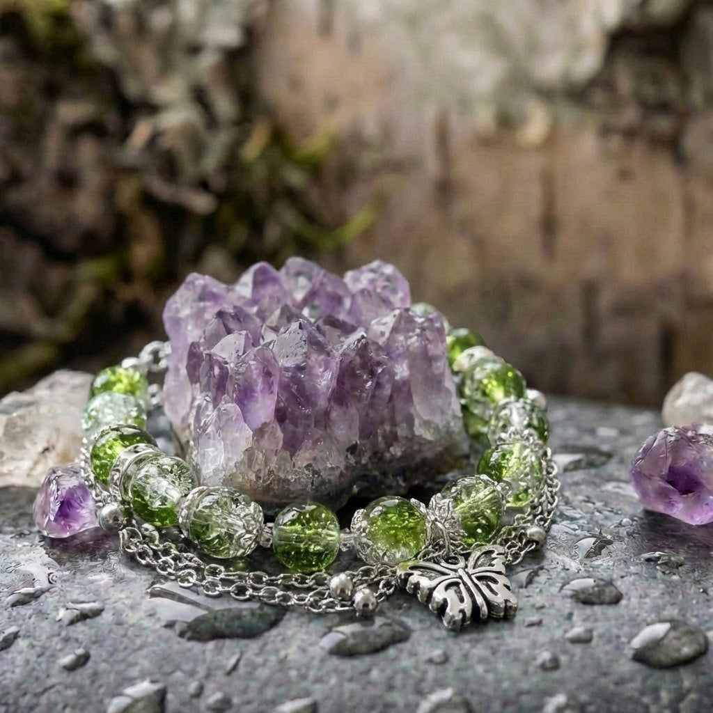 Vintage Silver Butterfly & Green Bead Bracelet