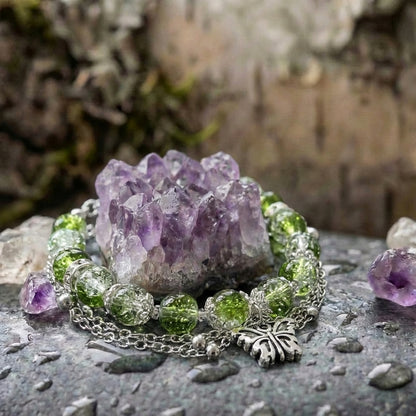 Vintage Silver Butterfly & Green Bead Bracelet