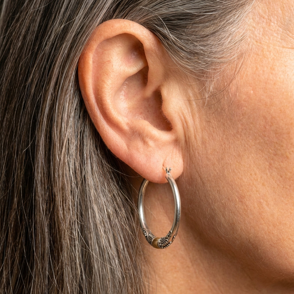 Vintage Silver Carved Pattern Hoop Earrings